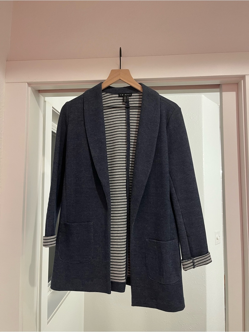 Tribal Navy Open-Front Knit Blazer with Striped Lining